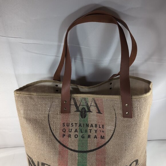 Nespresso Tote Bag Jute Burlap Beige Brown Faux Leather Shoulder 19x14" Coffee - Picture 2 of 14